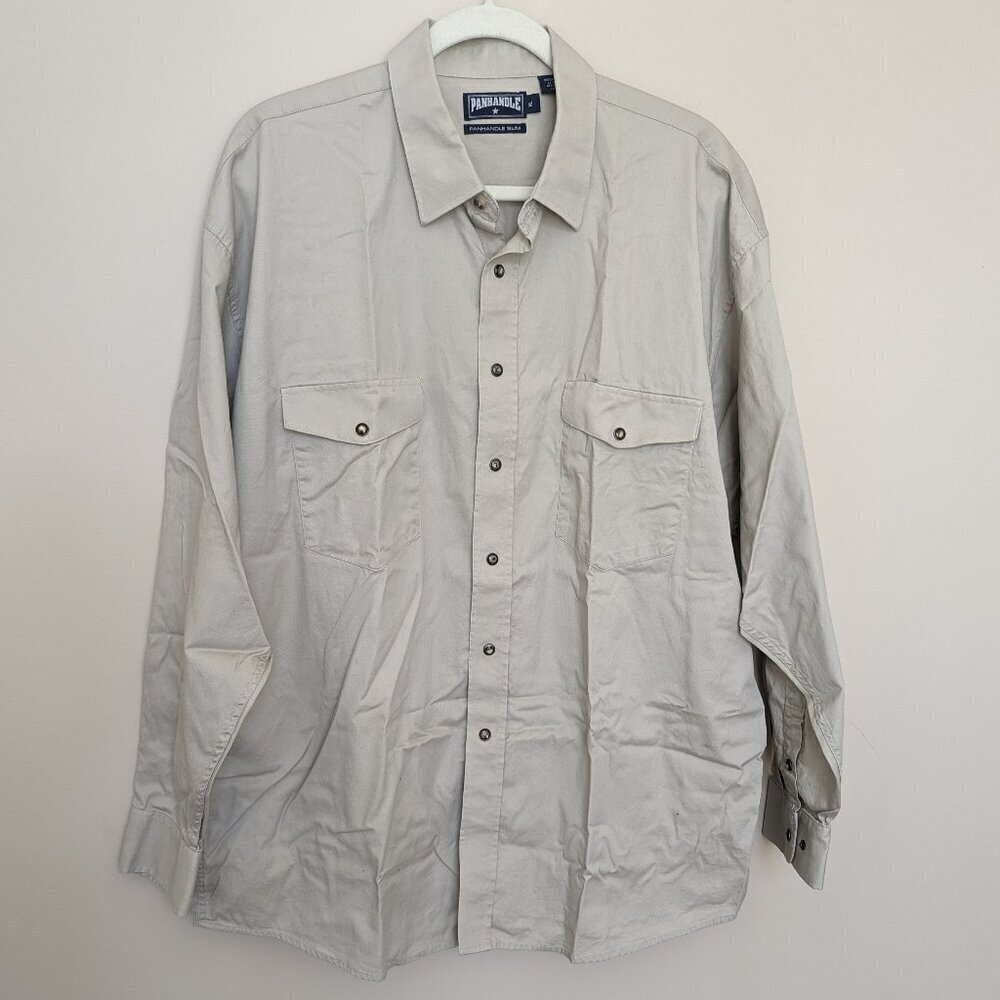 Panhandle Slim button front long sleeve tan khaki men's shirt XL EUC